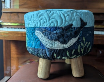 Printed pattern for ocean whales footstool cover or rectangle panel raw edge applique free motion embroidery dolphin