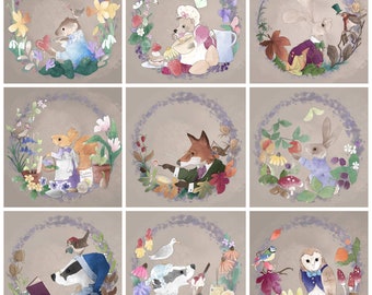 Pre-order set of 9 Fabric panel victorian baltimore animals on light taupe 30cm square quilting cotton