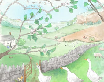 Pre -order spring English countryside printed panel on quilting cotton 30.5 by 30.5 cms