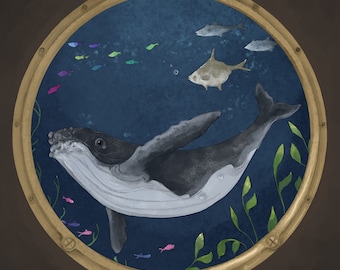 Porthole whale printed panel on quilting cotton 30.5 by 30.5 cms