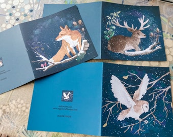Set of three Winter cards, barn owl, stag, fox cards 145 by 145mm blank inside set of 3 one of each design