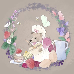 Victorian Summer baking hedgehog and butterfly printed panel on quilting cotton 30 by 30cms