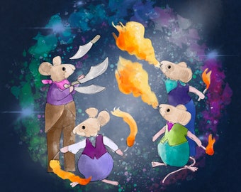 Circus mice juggler fire breathers fire poi printed panel on quilting cotton 30. 5by 30.5 cms