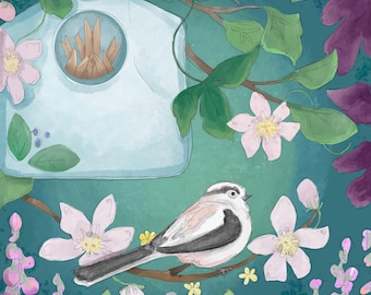 Pre -order summer long tailed tit garden printed panel on quilting cotton 30.5 by 30.5 cms