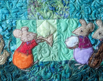 Fabric kit and Printed jazz mice mini table runner  kit 20" by 7" pattern raw edge applique tutorial free motion embroidery