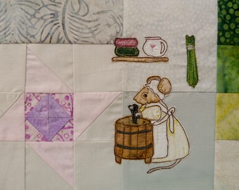 Printed pattern for Block 6 Life in the Town Victorian Mice Ethel Laundry Maid raw edge applique tutorial free motion embroidery