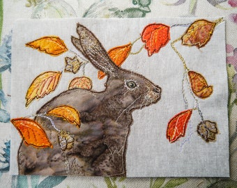 Printed pattern for Autumn hare and birch and fall leaves raw edge applique tutorial free motion embroidery