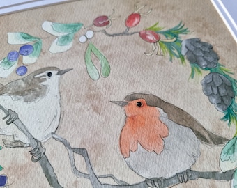 Christmas robin and wren 8 inch art print on watercolour paper or set of 5 145mm greeting cards 145mm square blank inside