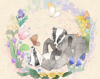 Pre-order Fabric panel spring rainbow badger cubs on light beige cream 30.5 cm square quilting cotton