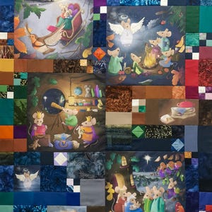 May include: A colorful patchwork quilt with a Christmas theme. The quilt features images of mice in various scenes, including a sleigh ride, a campfire, a nativity scene, and a group of mice looking at a telescope. The quilt is made of a variety of fabrics, including blue, green, red, and brown.