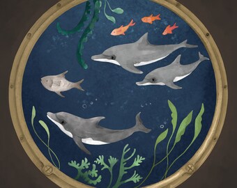 Porthole whale 4 dolphins printed panel on quilting cotton 30.5 by 30.5 cms c