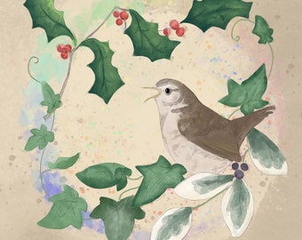 Winter wren and winter foliage printed panel on quilting cotton 30.5 by 30.5 cms