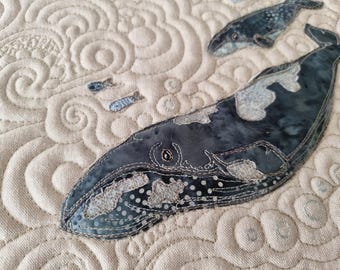 Fabric kit and Printed pattern for grey whale and calf 10" pattern raw edge applique tutorial free motion embroidery