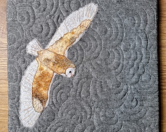 Finished Textile Art mounted 12" box frame winter barn owl on dark grey and silver linen