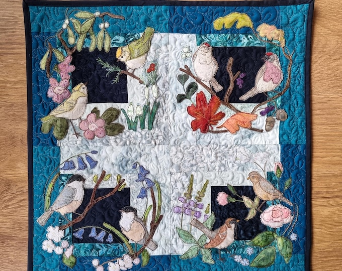 Featured listing image: Full Fabric kit and Printed pattern for "Bird log cabin" quilt raw edge applique tutorial free motion embroidery