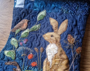 Finished Christmas stitching with hare and Robin  with Bees and dandelion cushion 14"  raw edge applique tutorial free motion embroidery