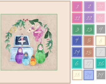 Advent calendar Toy Shop ballerina music box window panel on quilting cotton 19" by 19" main panel