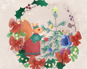 Pre-order Fabric panel December Christmas decorating squirrel miss poppy & Florrie mouse  on light taupe 30.5 cm square quilting cotton