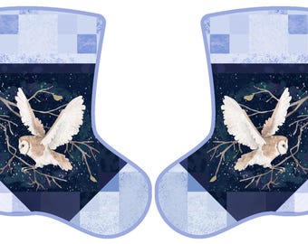 Christmas Stocking Fabric Panel: Owl, Navy & Light Blue Quilting Cotton
