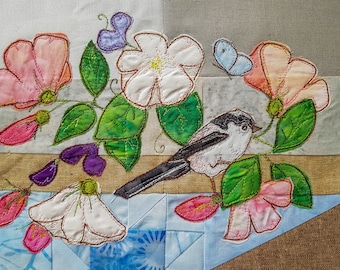 Printed pattern for the secret garden block 5 blackbird and long tailed tit roses quilt raw edge applique tutorial free motion embroidery