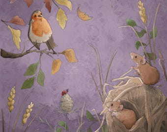 Pre -order robin and harvest mice plum printed panel  30.5 by 30.5 cms