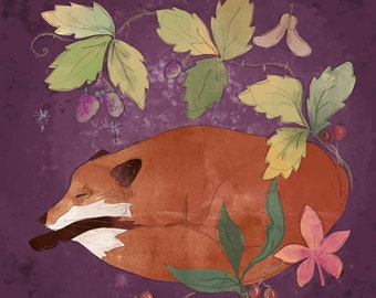 Pre-order Fabric panel sleeping fox autumnal on Plum 30.5 cm square quilting cotton