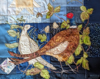 printed pattern for  'A covey of pheasants" block 2 quilt ptarmigan raw edge applique tutorial free motion embroidery