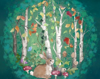 Pre-order Autumn forest rabbit printed panel on quilting cotton 30.5 by 30.5 cms on teal