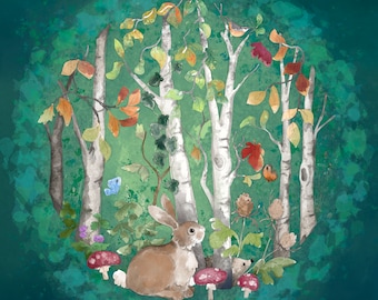 Pre-order Autumn forest rabbit printed panel on quilting cotton 30.5 by 30.5 cms on teal