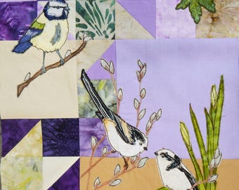PDF pattern for Block of the month 2 mouse, bluetit, long tailed tits, clematis raw edge applique tutorial free motion embroidery