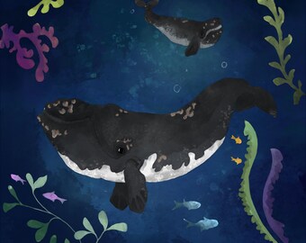 Pre -order swimming lesson right whale printed panel on quilting cotton 30.5 by 30.5 cms