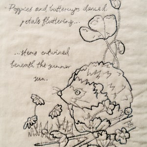 Red work 5 Hedgehog and poppies summer PDF pattern wildlife hand sewing Raggedy Ruff Embroidery buttercups