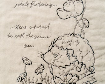 Printed pattern Red work 5 Hedgehog and poppies summer pattern wildlife hand sewing Raggedy Ruff Embroidery buttercups