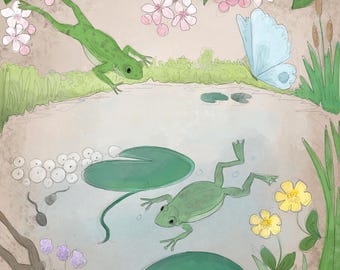 Pre -order spring river bank series frogs printed panel on quilting cotton 30.5 by 30.5 cms