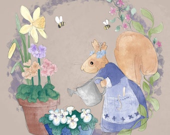 Pre-order Victorian Baltimore panel block 2 watering can gardening spring squirrel on beige printed panel on quilting cotton 30 by 30cms