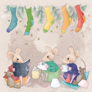 Pre-order Fabric Christmas eve stories mice on cream  30.5cm square quilting cotton