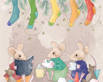 Pre-order Fabric Christmas eve stories mice on cream  30.5cm square quilting cotton