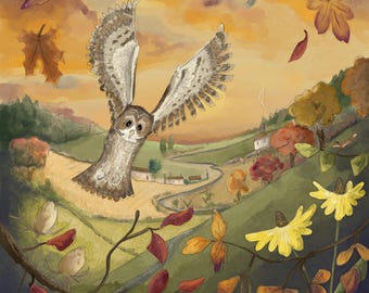 Pre order fabric panel autumn scene with tawny owl and fox 30.5 cm square