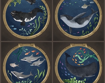 Porthole set of four whales and dolphins printed panel on quilting cotton each 30.5 by 30.5 cms