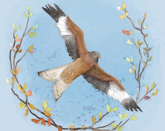 Pre-order Fabric panel autumn red kite watercolour effect on blue 30. 5cm square quilting cotton