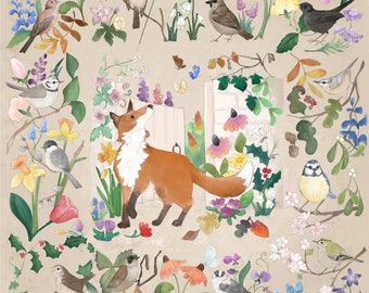 Pre -order A year of flowers for foxy printed panel on quilting cotton 96 by 96 cms