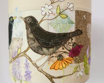 PDF pattern for blackbirds rainbow flowers lampshade raw edge applique free motion embroidery.