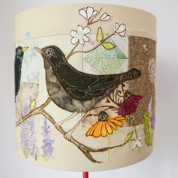 PDF pattern for blackbirds rainbow flowers lampshade raw edge applique free motion embroidery.