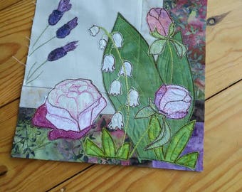 PDF for summer Lily of the valley lavender peonies 8" or 12" square raw edge applique tutorial free motion embroidery
