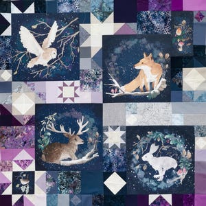 May include: A blue and white patchwork quilt with a variety of animal illustrations, including an owl, a fox, a deer, and a rabbit. The quilt is made with a variety of fabrics and textures, and the animals are depicted in a whimsical and charming style.