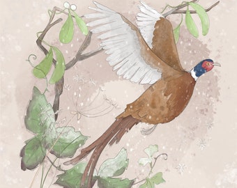 Pre -order autumn flying winter pheasant printed panel on quilting cotton 30.5 by 30.5 cms