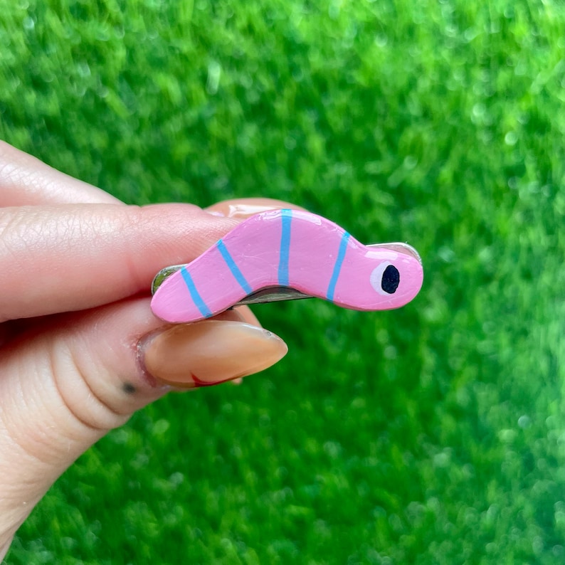 May include: A pink and blue striped worm-shaped hair clip with a black eye.