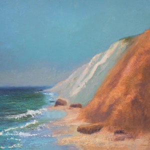 May include: A painting of a seascape with a white cliff face and a sandy beach. The water is a vibrant blue-green and the sky is a light blue. The cliff face is partially covered in sand and the beach is empty.