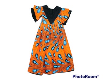 African Print Orange Peacock Girls Maxi Dress 2022