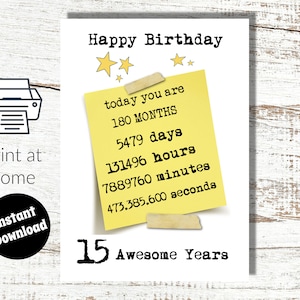 Instant Download en Print at Home Nummer en feiten 15e verjaardagskaart Tiener - 15 jaar oud
